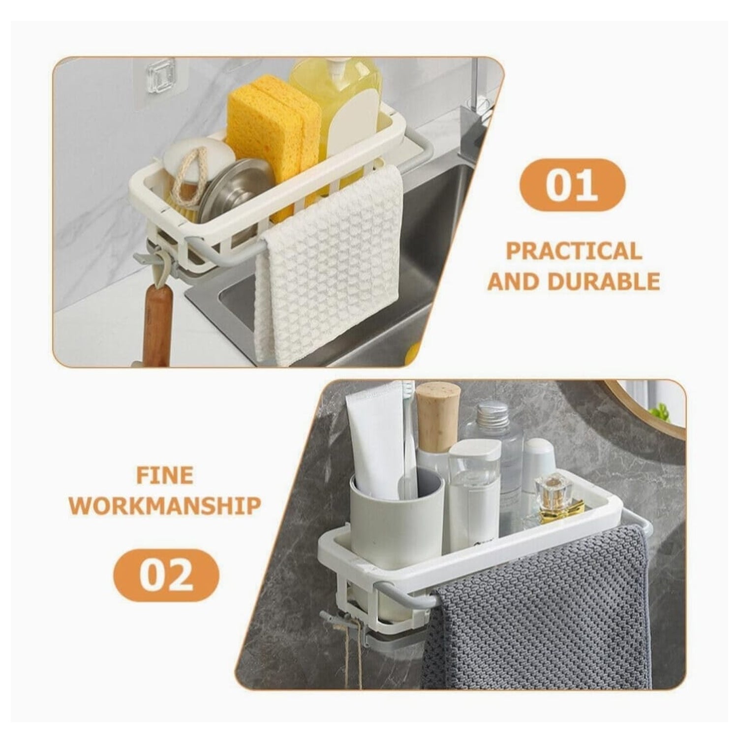 Wukusy multipurpose plastic hanging drain rack with adhesive hook, ideal for kitchen and bathroom sponge storage and dishcloth organization.