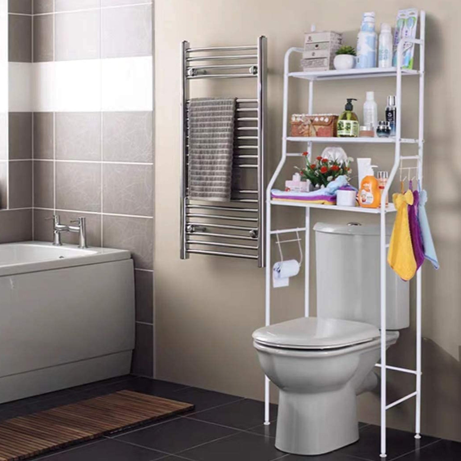 Wukusy multi-layer metal bathroom storage rack with shelves, ideal for toilet, laundry room, and wash basin organization.