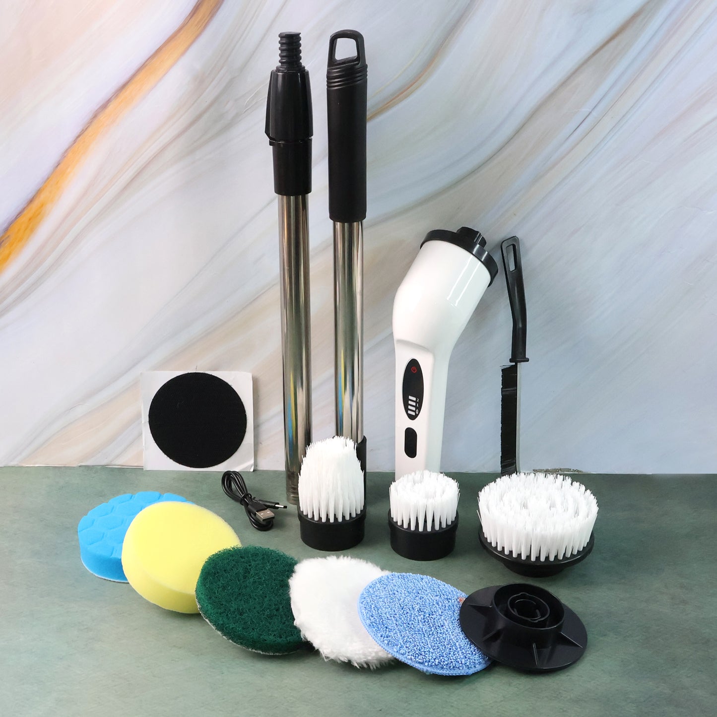 Wukusy 9-in-1 electric spin scrubber set for home cleaning, with multiple brush attachments for versatile surface cleaning.