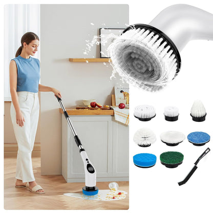 Wukusy 9-in-1 electric spin scrubber for deep cleaning of bathroom and kitchen surfaces, with multiple brush attachments.