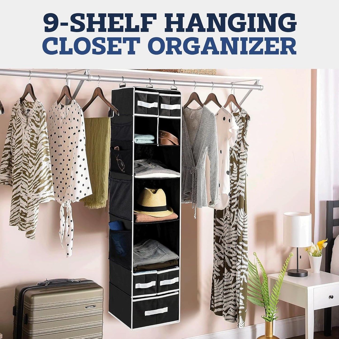 Wukusy 9-shelf hanging closet organizer with five fabric drawers for bedroom or closet storage and organization.