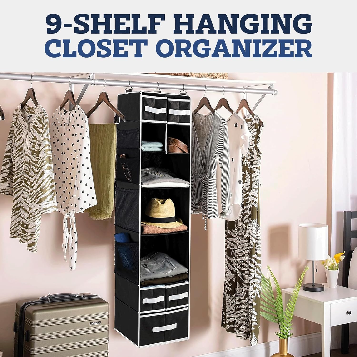 Wukusy 9-shelf hanging closet organizer with five fabric drawers for bedroom or closet storage and organization.