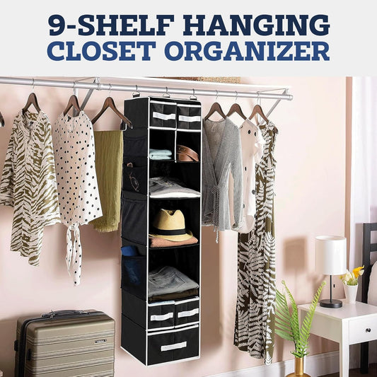 Wukusy 9-shelf hanging closet organizer with five fabric drawers for bedroom or closet storage and organization.