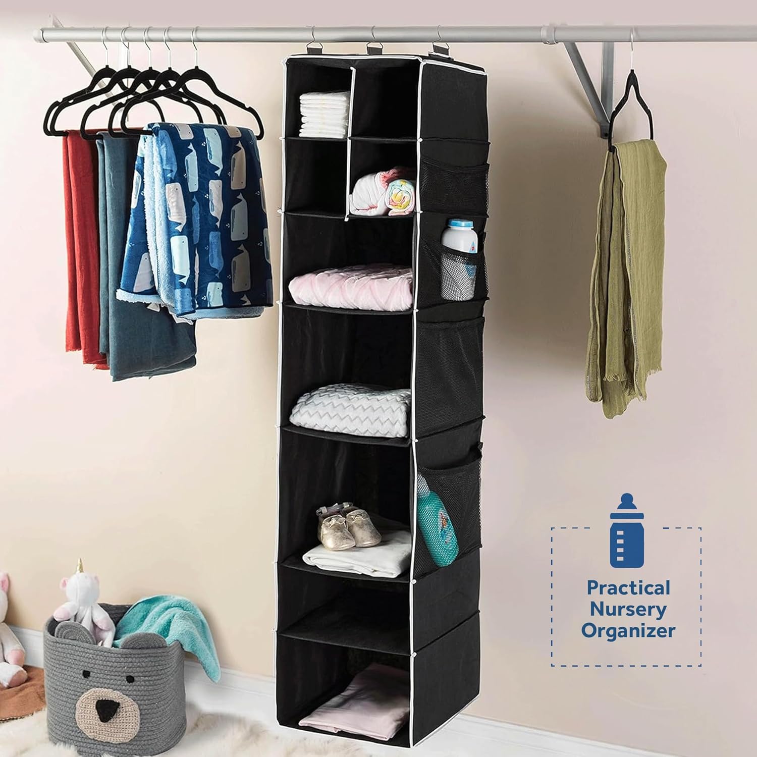 Wukusy 9-shelf hanging closet organizer with five drawers, ideal for home storage and organization.