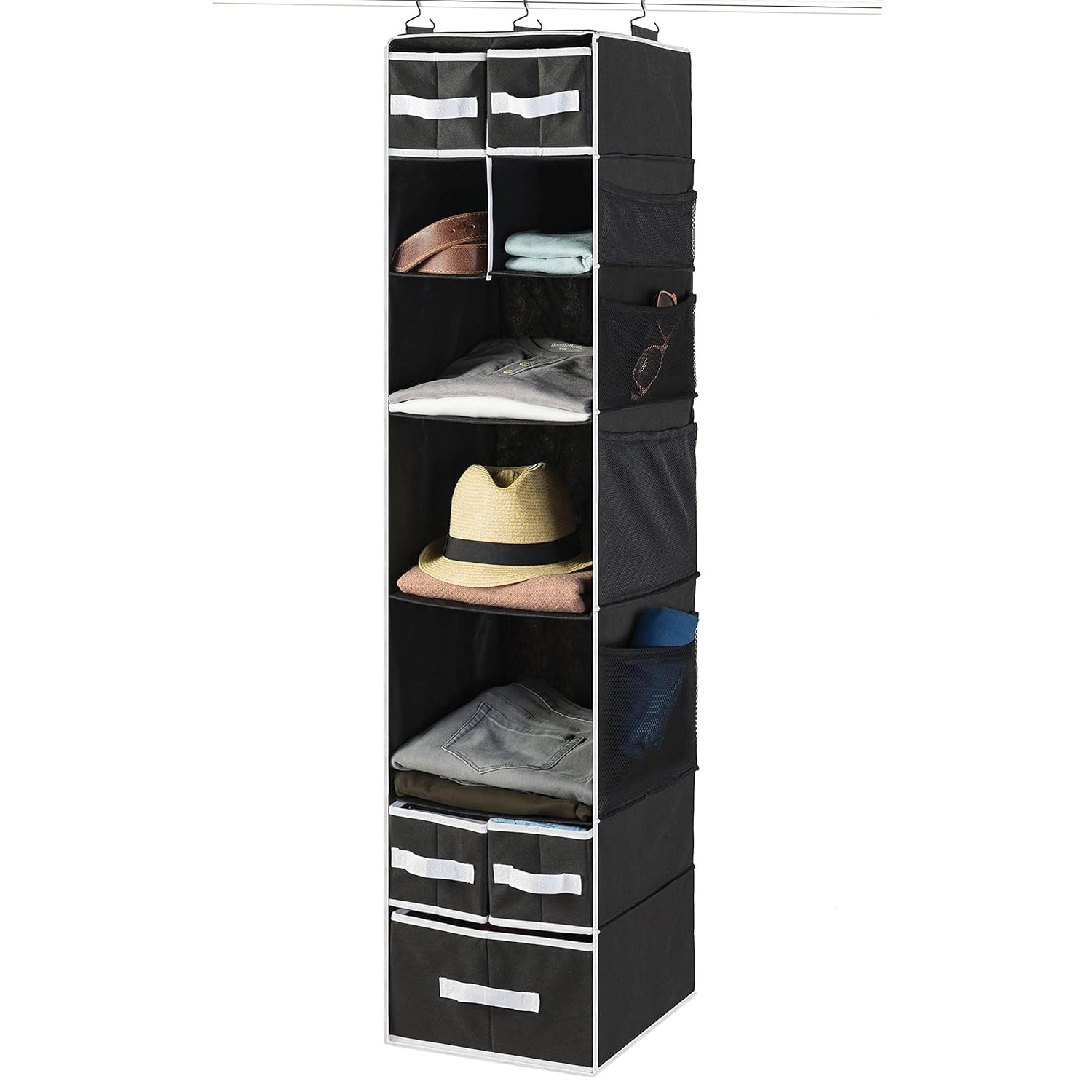 Wukusy 9-shelf hanging closet organizer with five drawers, ideal for home storage and organization in bedroom closets.