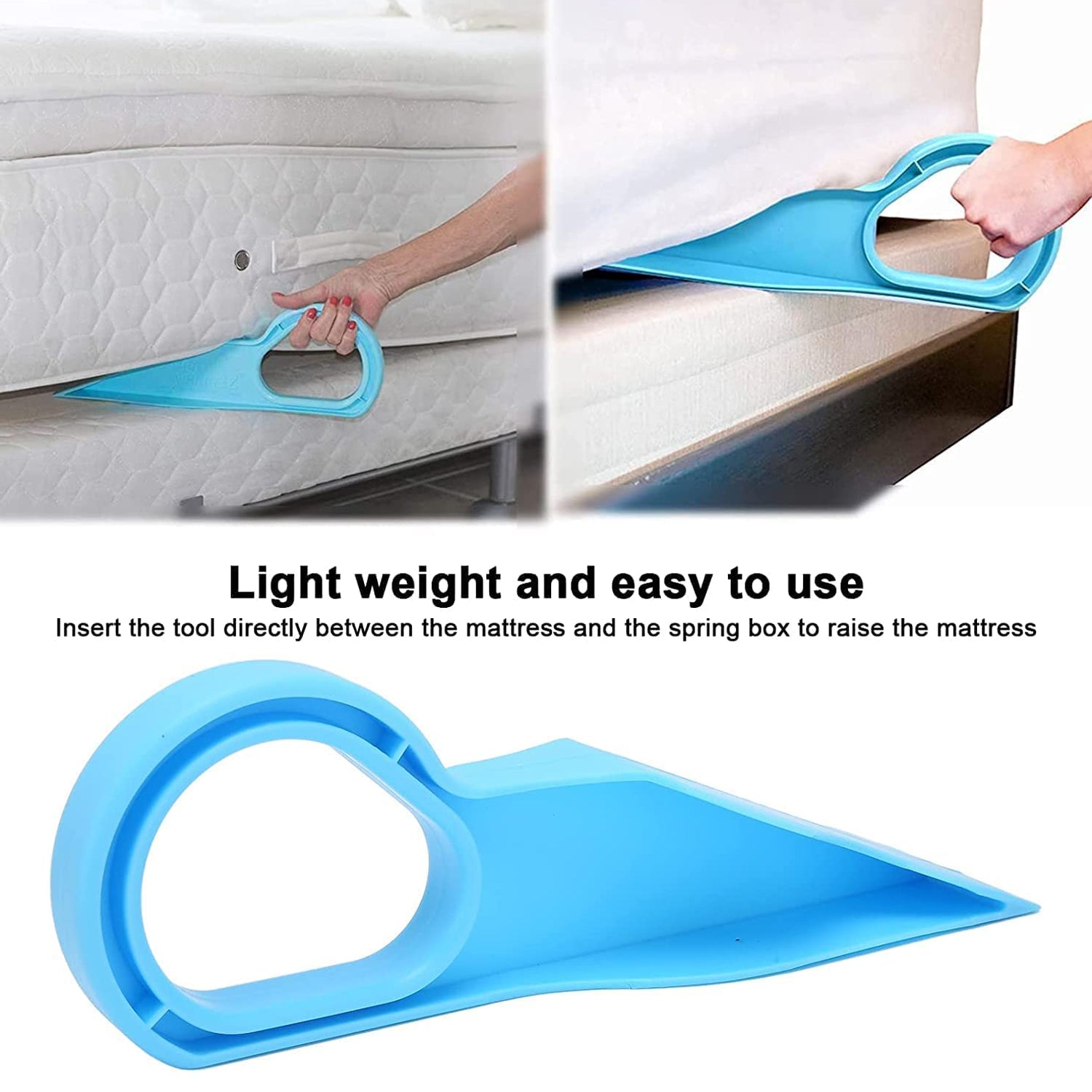 Wukusy 9002 Mattress Lifter for bed making and sheet changing, showing the tool lifting a mattress in a home bedroom setting.