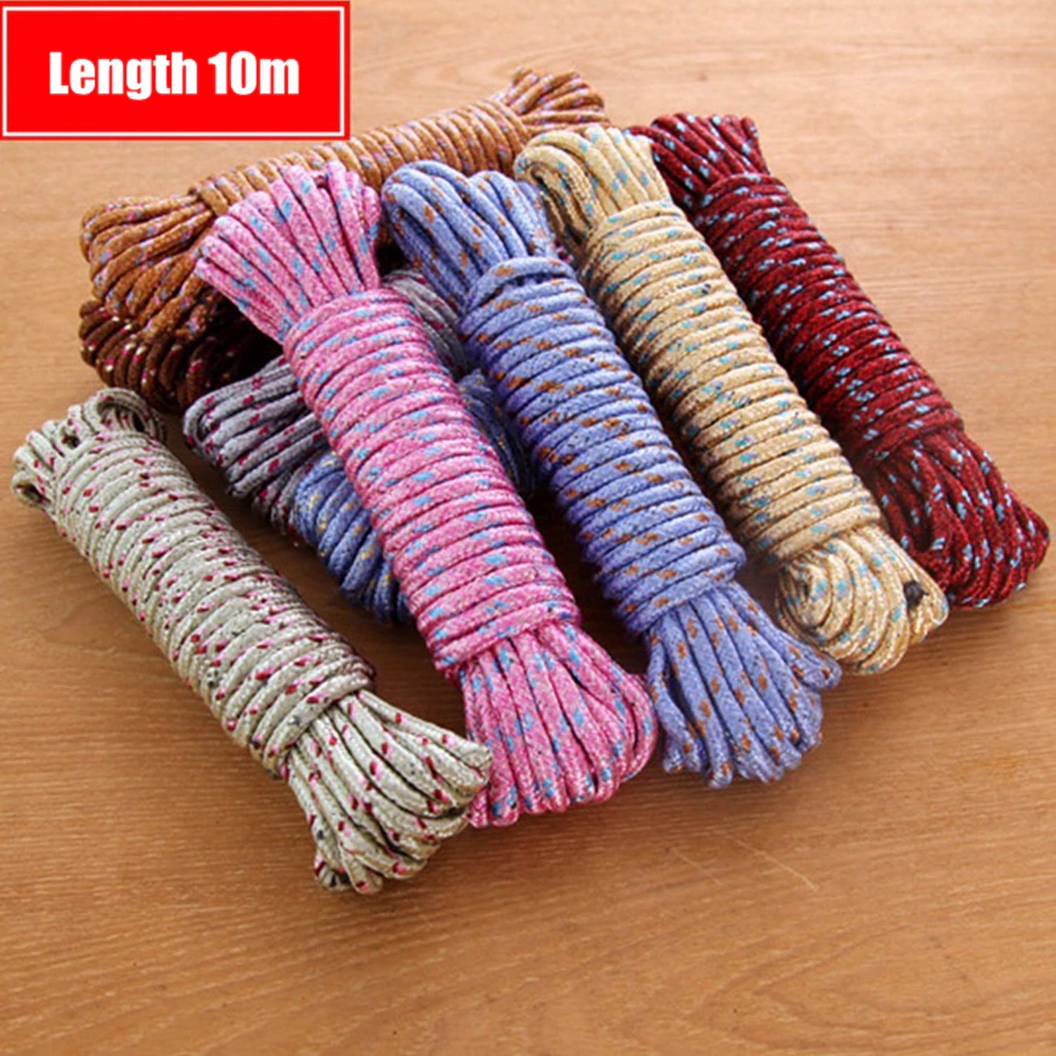 Wukusy heavy-duty 10-meter nylon laundry clothesline rope for outdoor camping or indoor drying, sturdy and portable for home use.