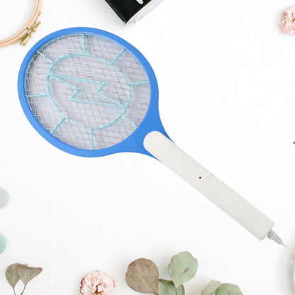 Wukusy 9108 rechargeable anti-mosquito racquet with LED light, designed for home insect control, shown in use with a black handle.