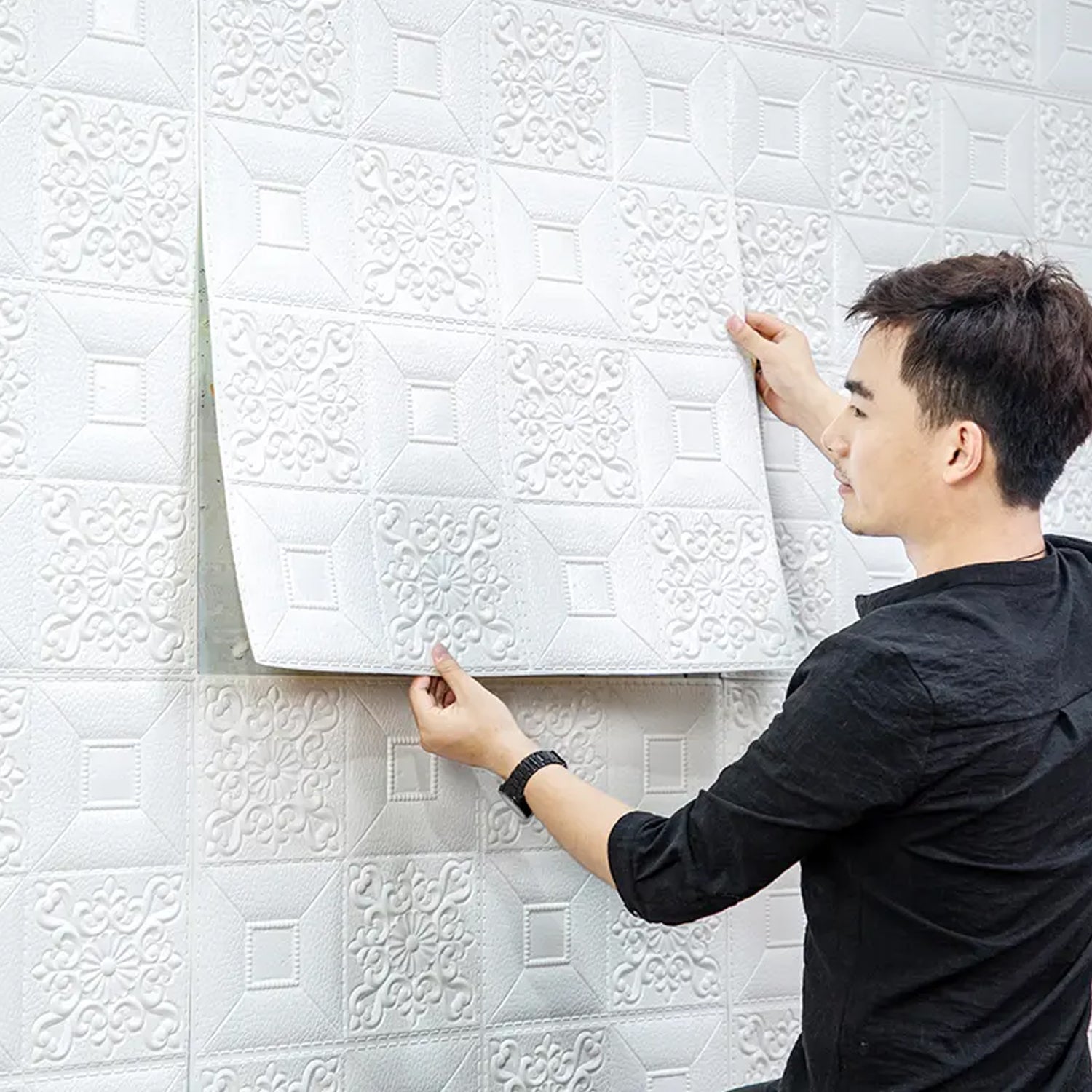Wukusy 3D foam wallpaper sticker panels with square design, ideal for living room, bedroom ceilings, furniture, and doors.