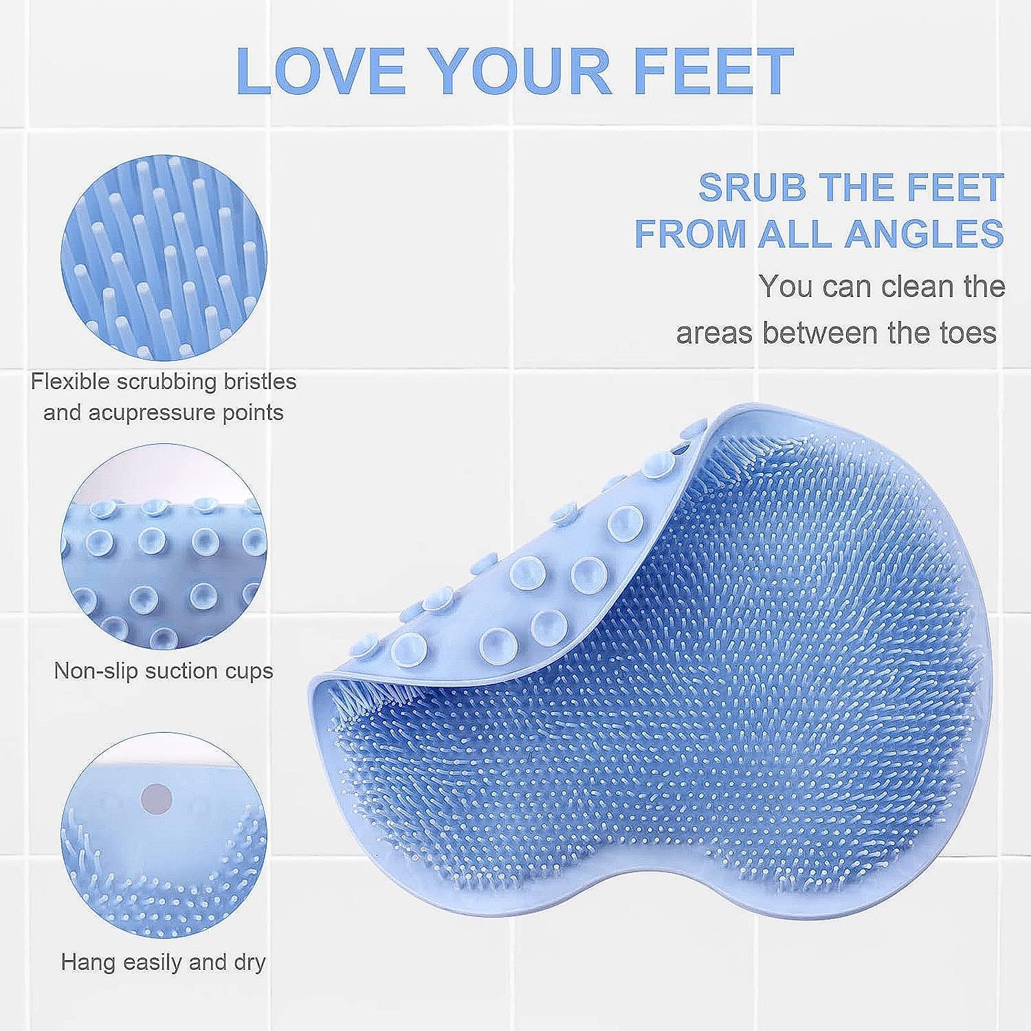 Wukusy silicone bath massage cushion with suction cups, foot scrubber brush, and anti-slip textured bathroom mat for exfoliating feet.