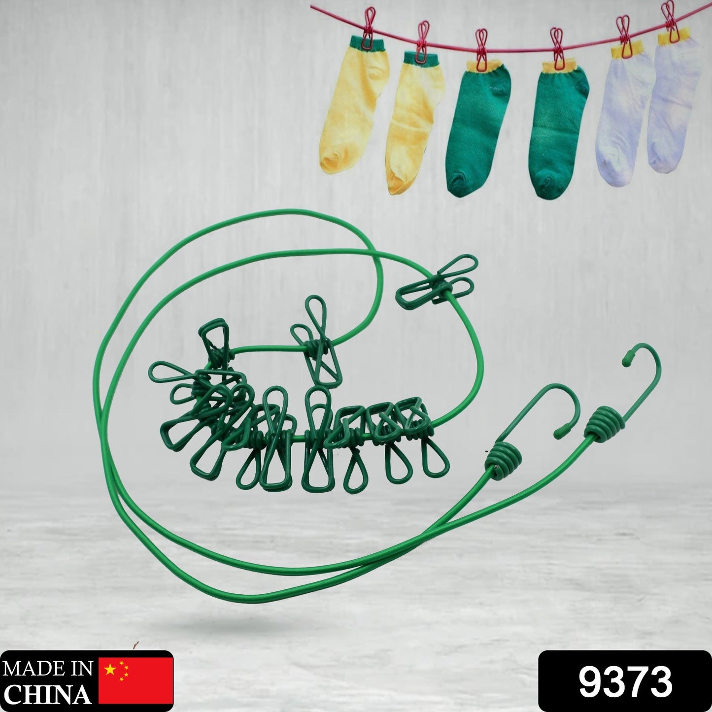 Wukusy elastic cloth drying rope with 12 metal clips, portable clothes line for drying clothes at home or travel, home improvement.