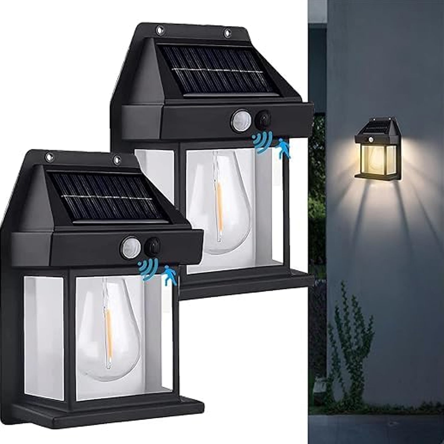 Wukusy 9428 solar wall light fixture with clear panel, motion sensor, waterproof design, outdoor dusk-to-dawn porch lighting.