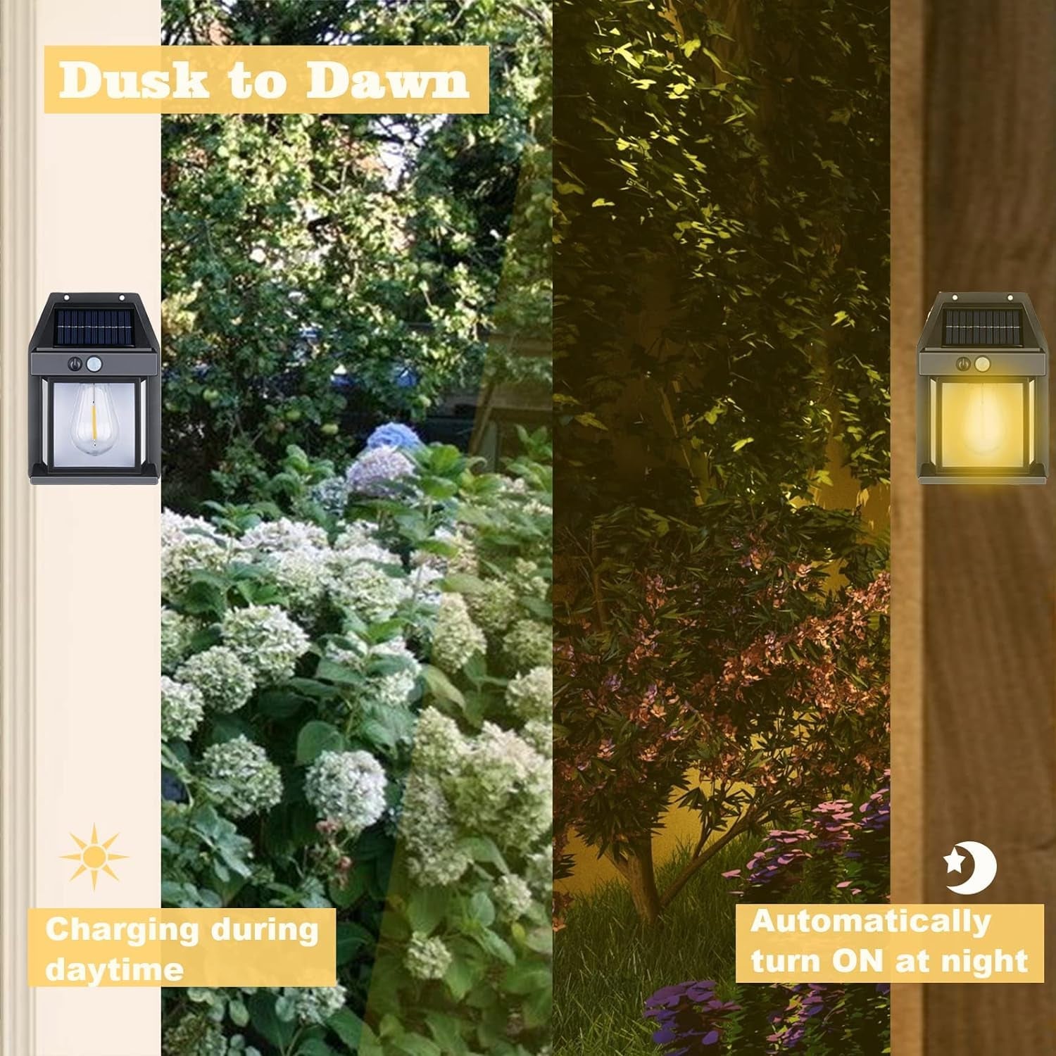 Wukusy solar wall light with clear panel, motion sensor, waterproof exterior lantern, wireless dusk to dawn porch lighting fixture