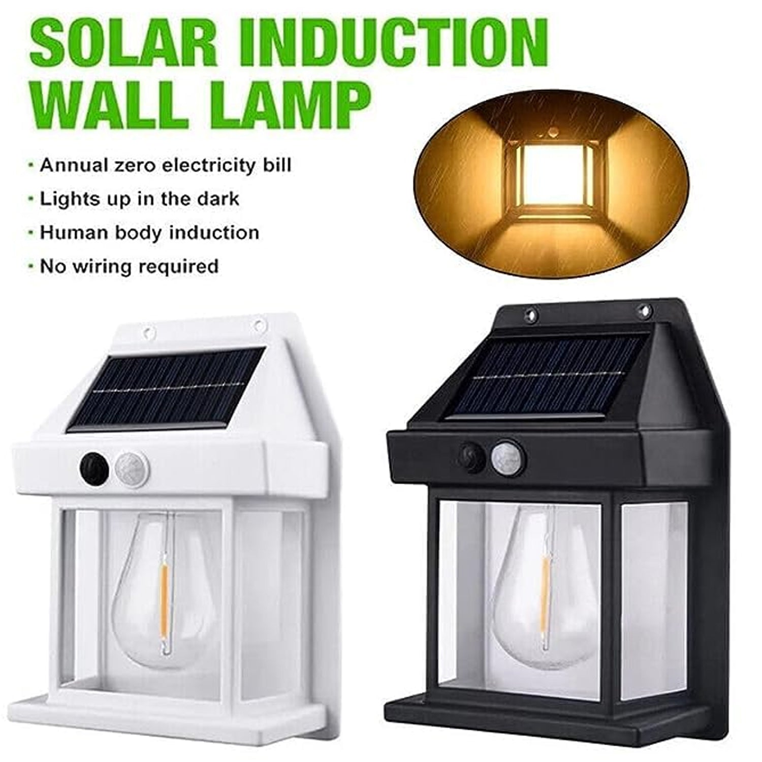 Wukusy solar wall light with clear panel, wireless outdoor lantern, dusk-to-dawn, motion sensor, waterproof exterior lighting fixture