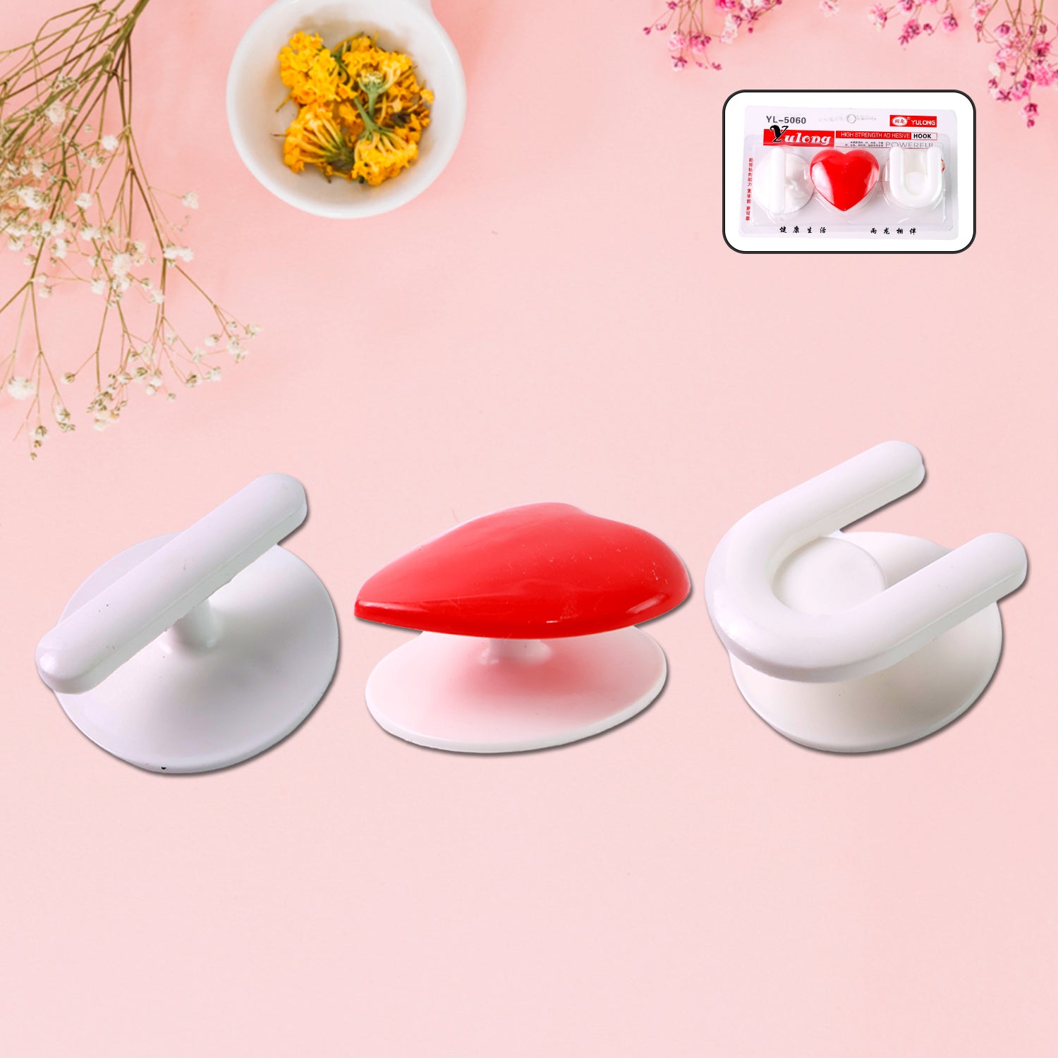 Wukusy adhesive wall hook set with three hooks for kitchen, bathroom, or home use, suitable for organizing and hanging items.