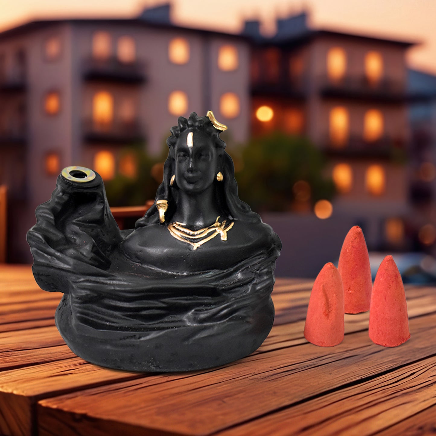 Wukusy Adiyogi Shiva backflow incense holder fountain burner with intricate design, used for home improvement and spiritual decor.