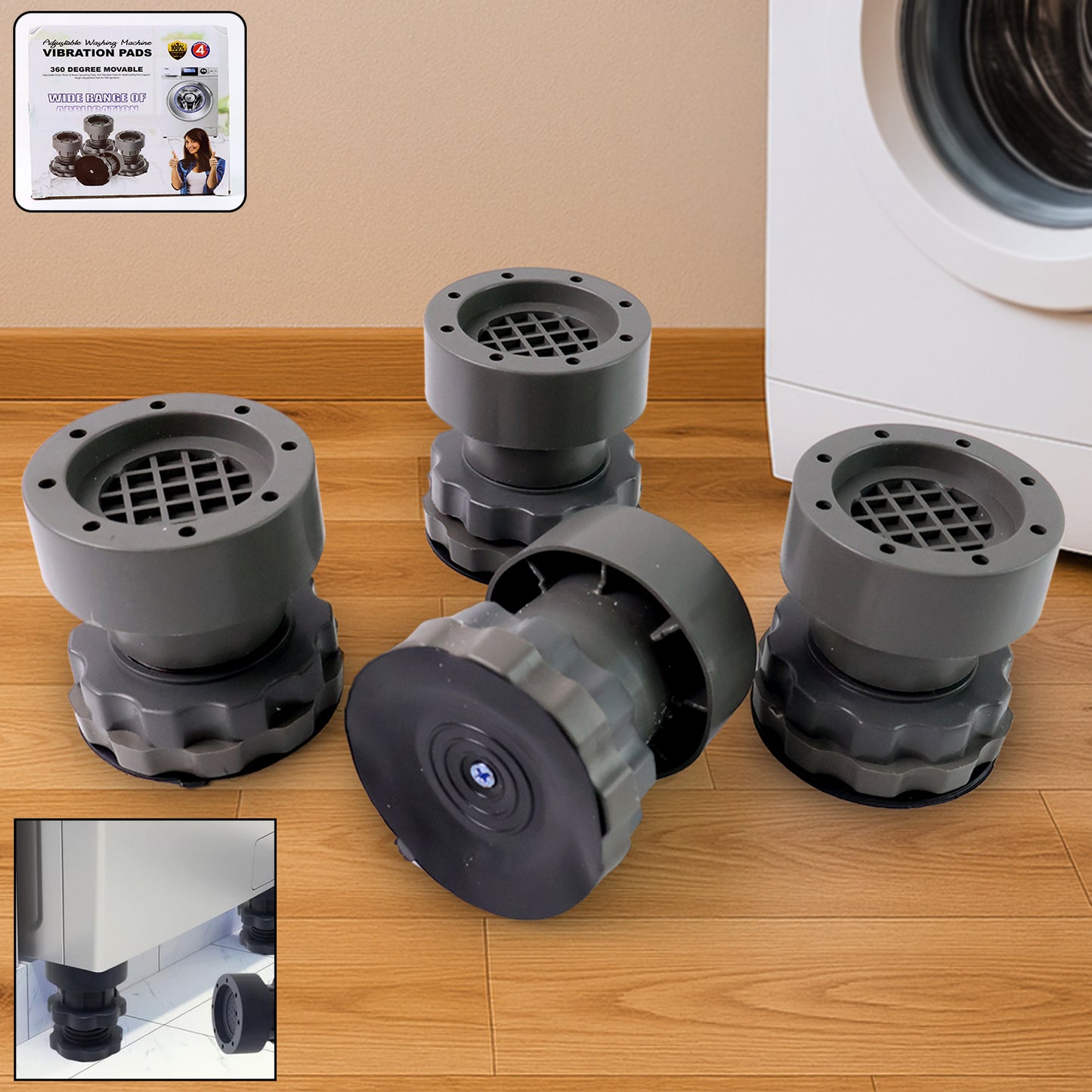 Adjustable Wukusy anti-vibration pads for washing machine and refrigerator bases, set of 4 for stability and noise reduction.