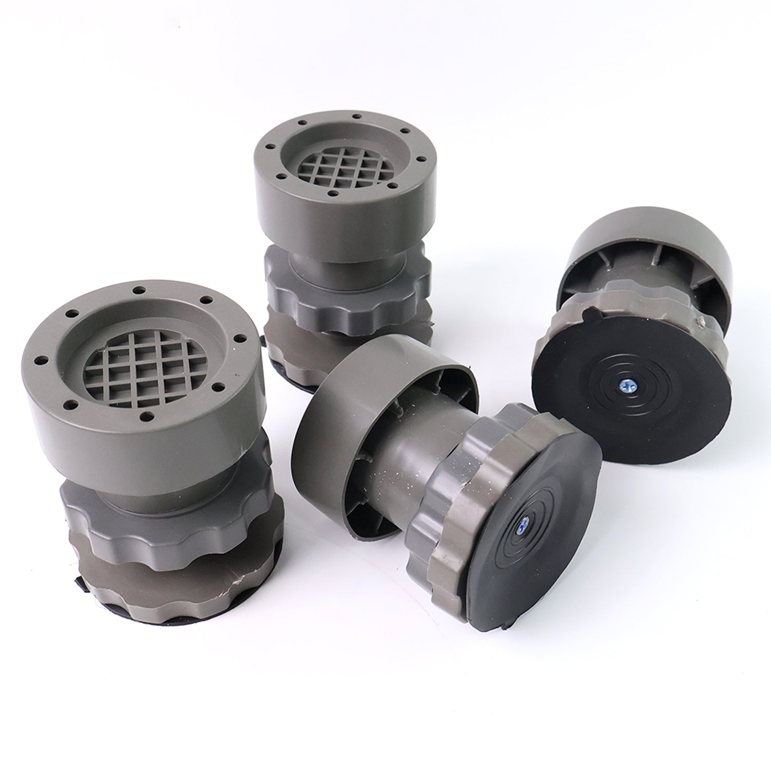 Set of four Wukusy adjustable anti-vibration pads for washing machine and refrigerator bases, reducing noise and movement.