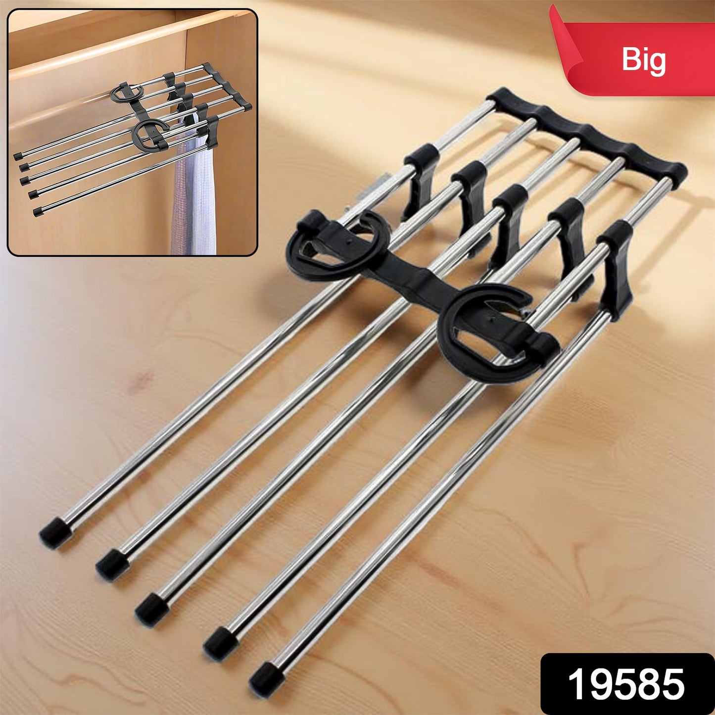 Adjustable Wukusy trouser hanger organizer with large clips for hanging multiple pairs of pants or trousers efficiently.