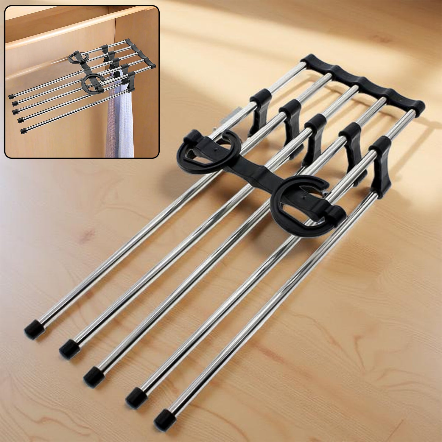 Wukusy adjustable big trouser pants hanger organizer for home improvement, showing multiple pants hanging neatly on a sturdy hanger.