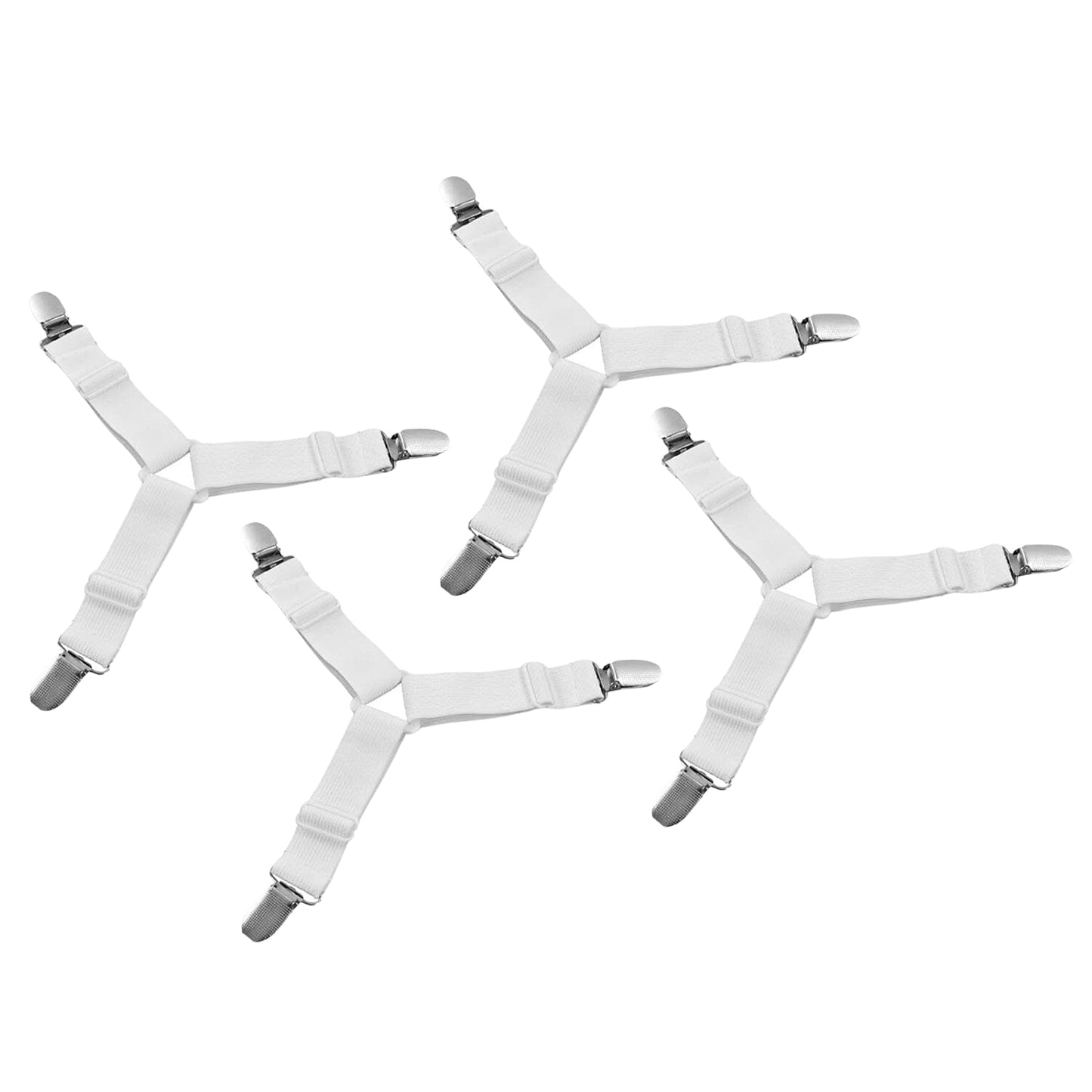 Wukusy adjustable triangle elastic suspenders with clips for bed sheets, set of 4, in a home improvement setting.