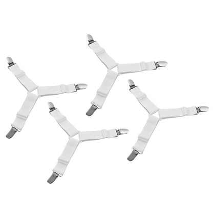 Wukusy adjustable triangle elastic suspenders with clips for bed sheets, set of 4, in a home improvement setting.