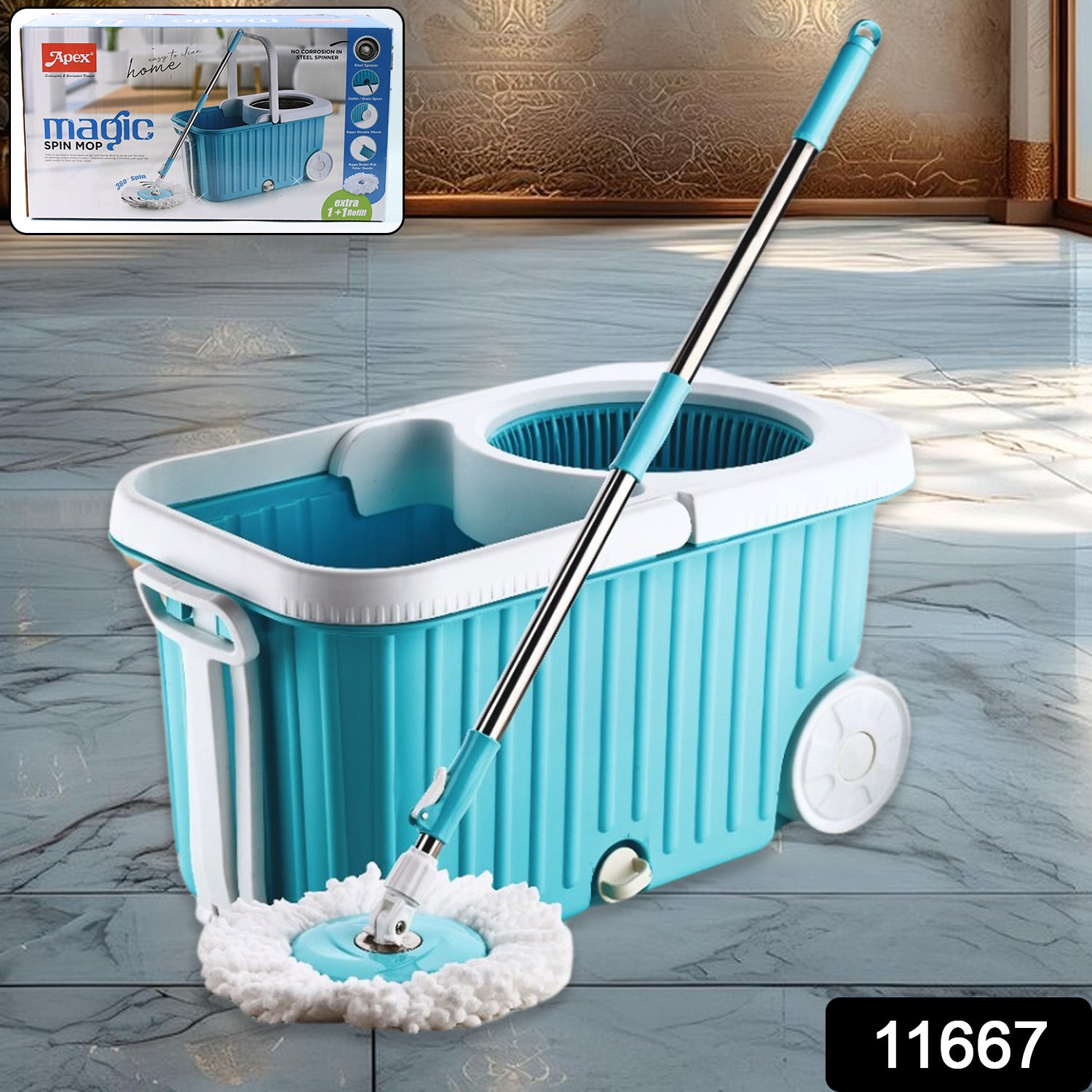 Wukusy Apex Magic 360 Spin Mop cleaning system with stainless steel spinner for efficient home floor cleaning.