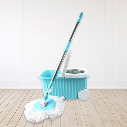 Wukusy Apex Magic 360 Spin Mop Cleaning System with stainless steel spinner and adjustable handle for efficient home floor cleaning.