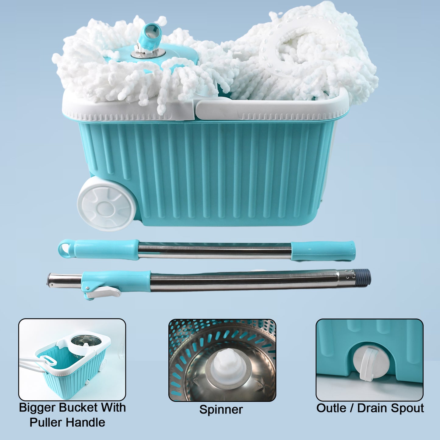 Wukusy Apex Magic 360 Spin Mop cleaning system with stainless steel spinner for efficient home floor cleaning.