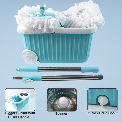 Wukusy Apex Magic 360 Spin Mop cleaning system with stainless steel spinner for efficient home floor cleaning.