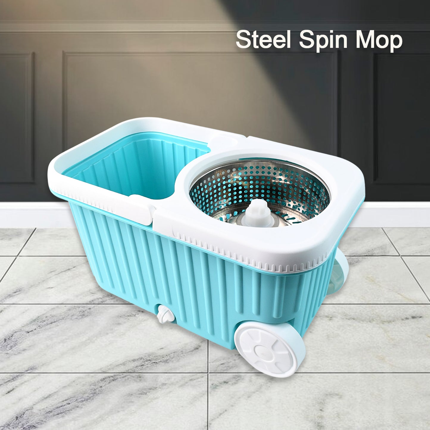 Wukusy Apex Magic 360 Spin Mop cleaning system with stainless steel spin basket and mop head for easy floor cleaning.