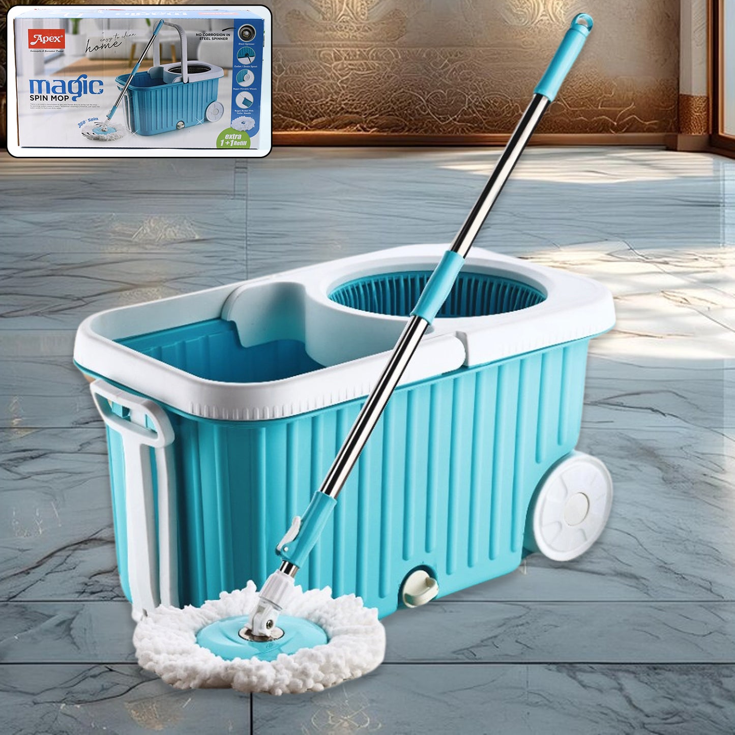Wukusy Apex Magic 360 Spin Mop Cleaning System with stainless steel spinner for efficient home floor cleaning.