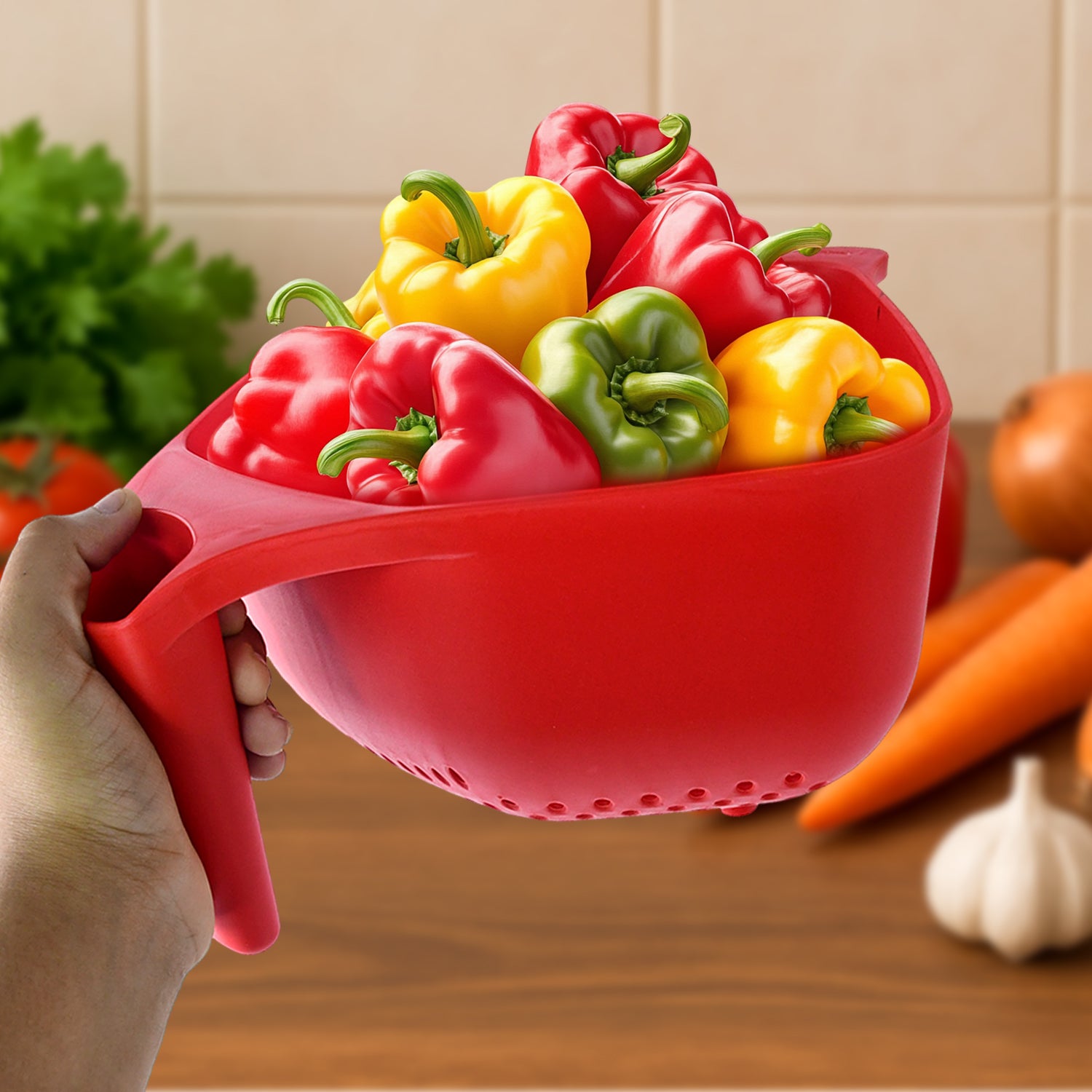 Wukusy Apex multi-functional plastic strainer bowl with ergonomic handle, ideal for kitchen straining and rinsing tasks.