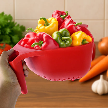 Wukusy Apex multi-functional plastic strainer bowl with ergonomic handle, ideal for kitchen straining and rinsing tasks.