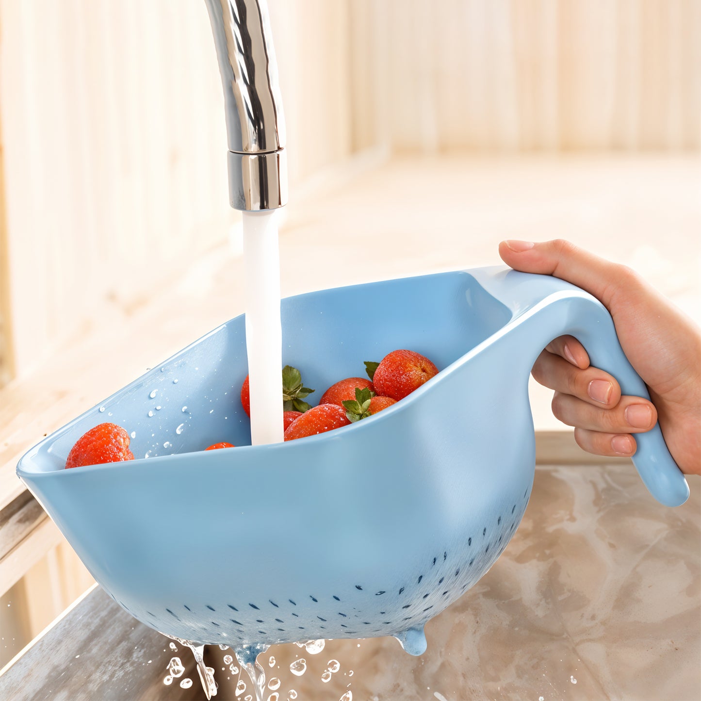 Wukusy Apex multi-functional plastic strainer bowl with ergonomic handle, perfect for kitchen straining and food prep.