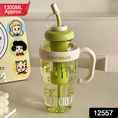 Wukusy 1300ml large capacity ice cream-themed water bottle with handle, straw, fruit infuser, leakproof sipper for kids and adults