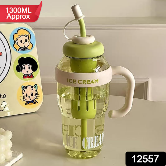 Wukusy 1300ml large capacity ice cream-themed water bottle with handle, straw, fruit infuser, leakproof sipper for kids and adults