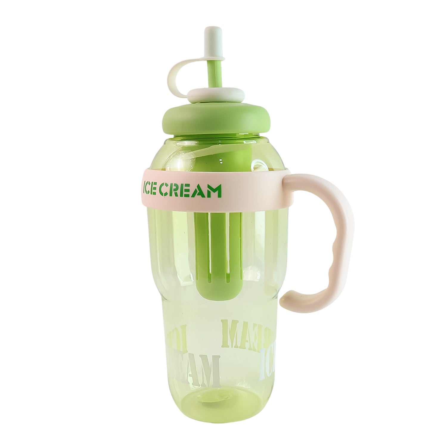 Wukusy 1300ml ice cream-themed water bottle with handle, straw, fruit infuser, leakproof sipper for kids and adults.