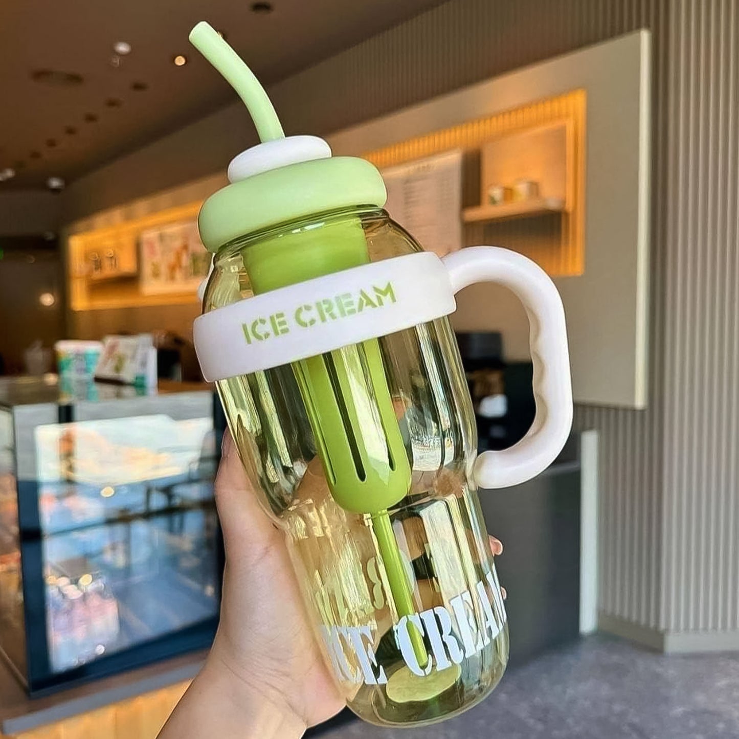 Wukusy 1300ml large capacity ice cream-themed water bottle with handle, straw, fruit infuser, leakproof sipper for kids and adults