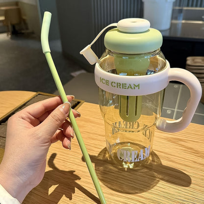 Large capacity Wukusy ice cream-themed water bottle with handle, straw, fruit infuser, leakproof sipper for kids and adults.