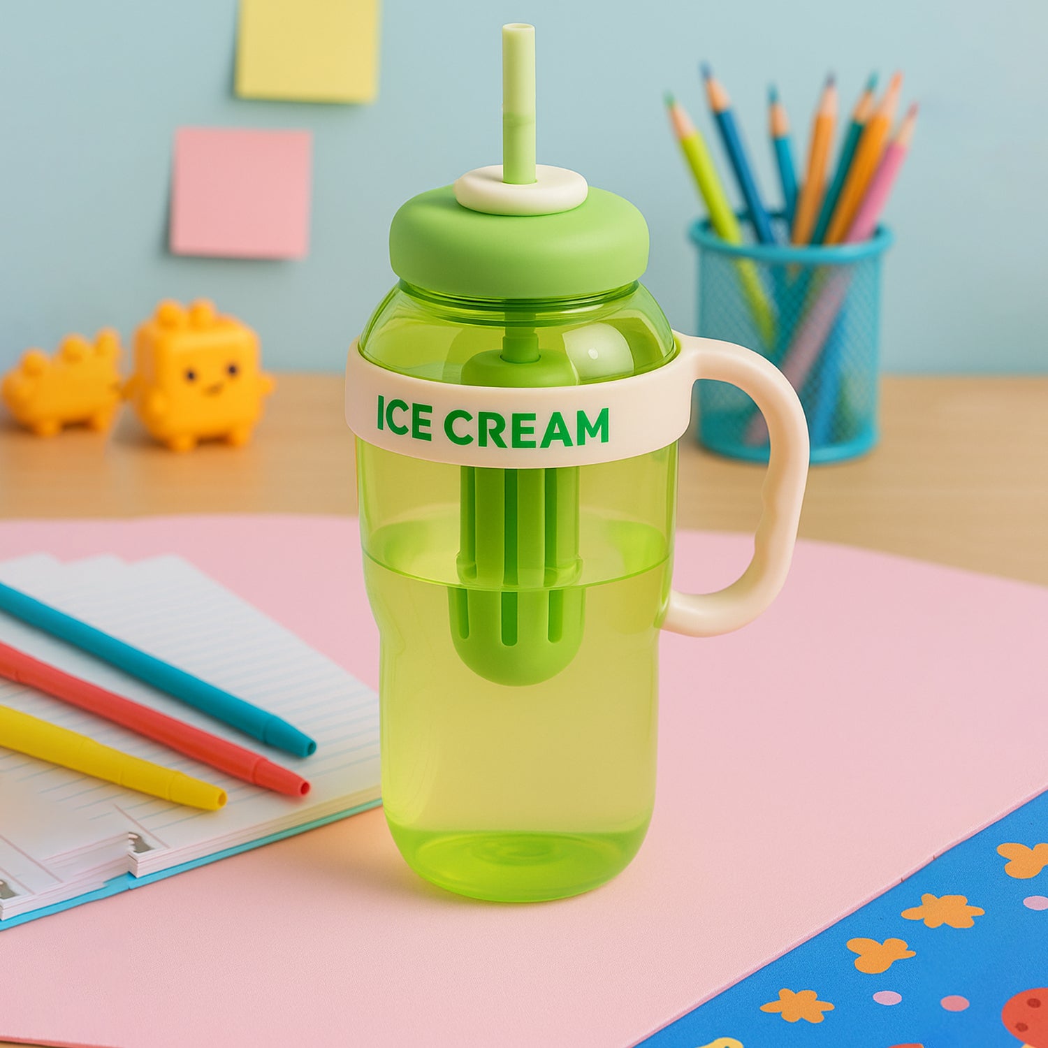 Wukusy 1300ml ice cream-themed water bottle with handle, straw, fruit infuser, leakproof sipper for kids and adults.