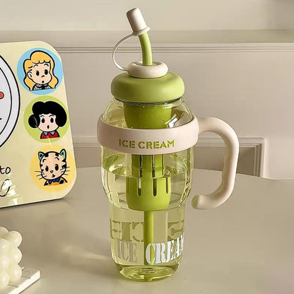 Wukusy 1300ml large capacity ice cream-themed water bottle with handle, straw, fruit infuser, and leakproof sipper for kids and adults