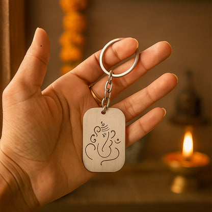 Wukusy auspicious Ganesh metal keychain featuring intricate cut-out design, ideal for home improvement accessories.