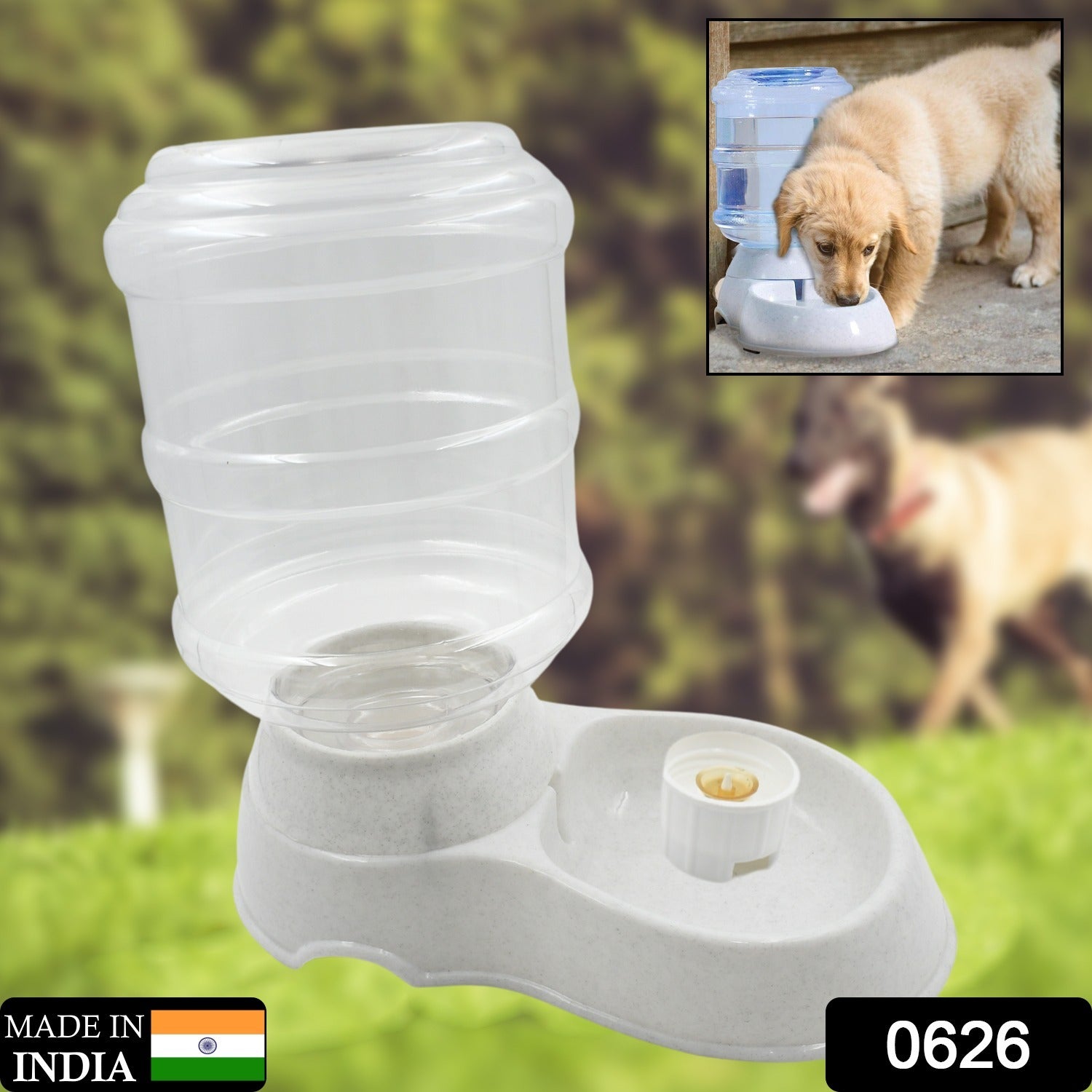 Wukusy automatic pet water dispenser and gravity feeder bowl for cats and dogs, with clear water and food storage in a home setting.