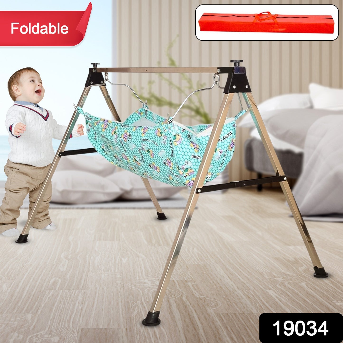 Portable baby swing with stainless steel stand, suitable for boys and girls, in a folding design for easy setup and storage.