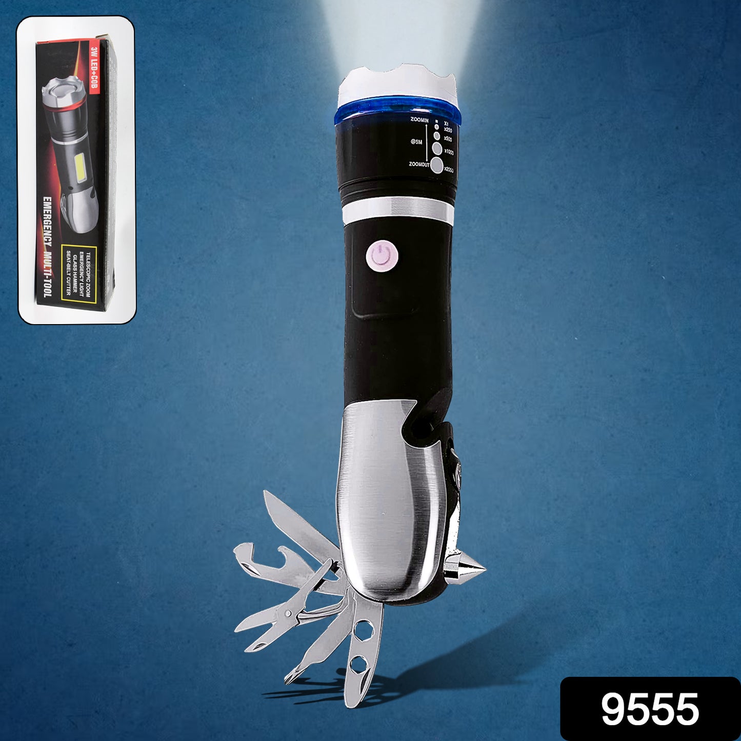 Wukusy battery-operated multi-tool LED flashlight showing compact all-in-one design with flashlight and tool functions, battery not included.