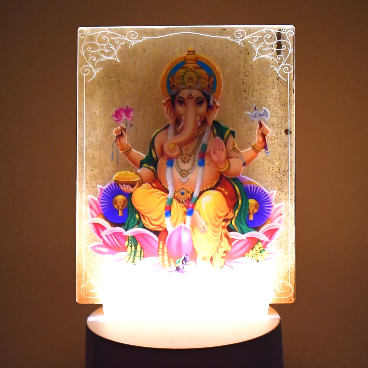 Beautiful 3D Lord Ganesh wall frame by Wukusy with soft white light for home decor and spiritual ambiance.