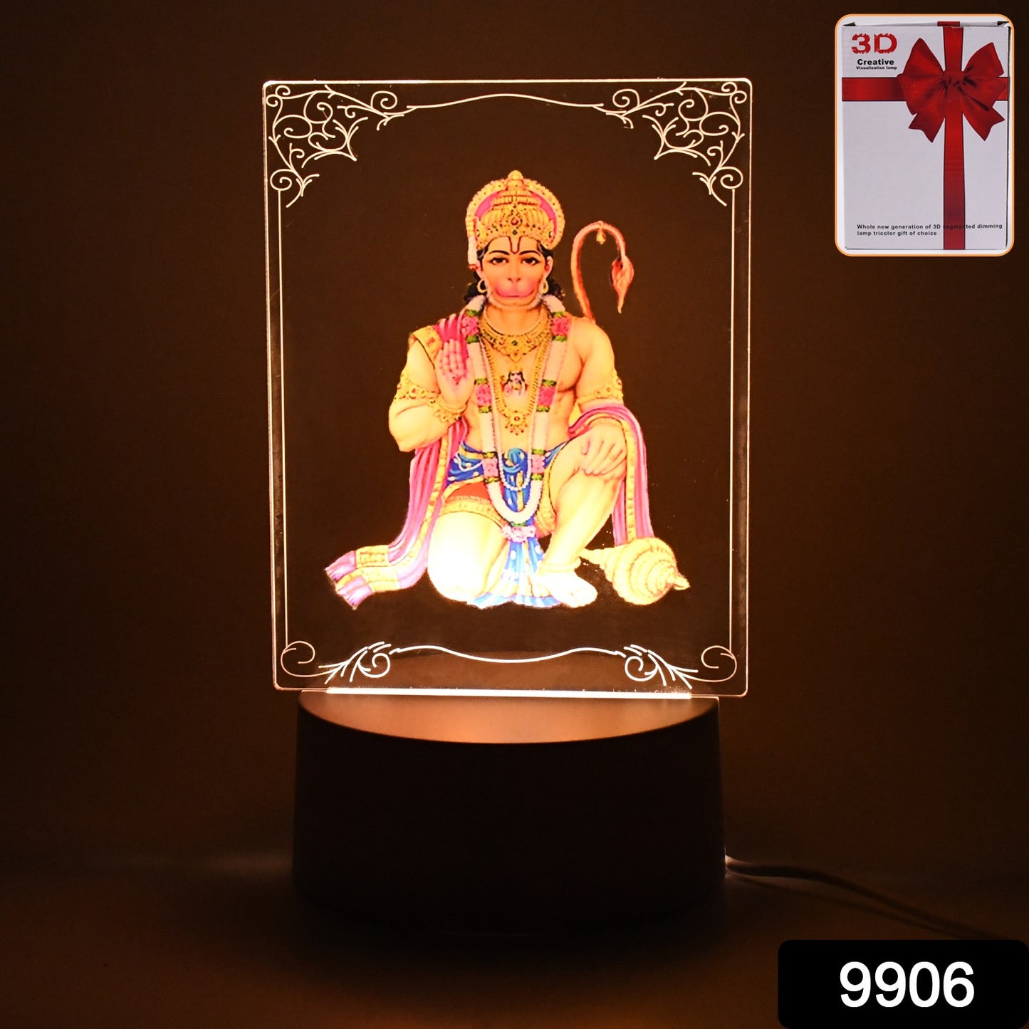 3D Lord Hanuman frame with soft white light, decorative home improvement wall art by Wukusy, ideal for spiritual decor.