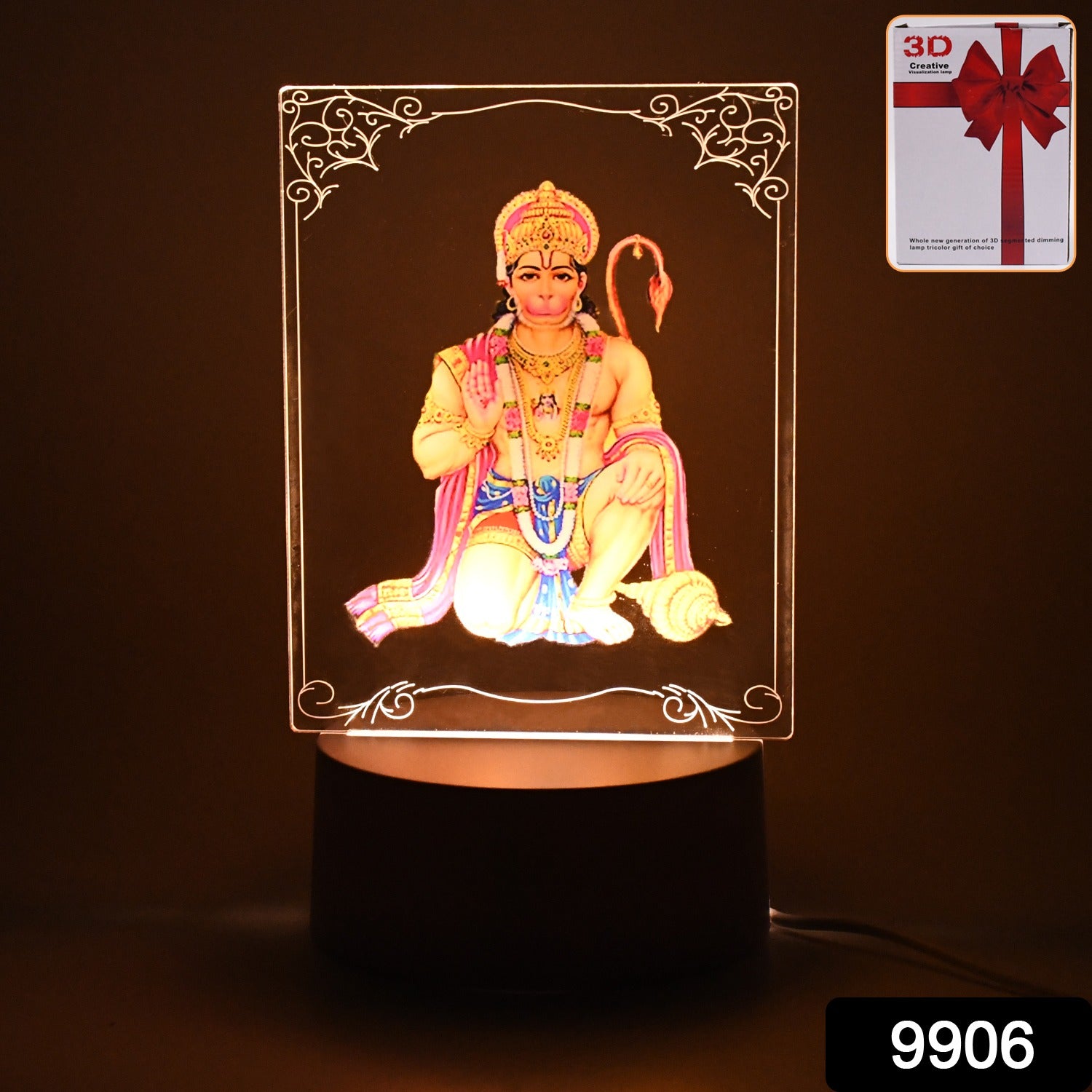 3D Lord Hanuman frame with soft white light, decorative home improvement wall art by Wukusy, ideal for spiritual decor.