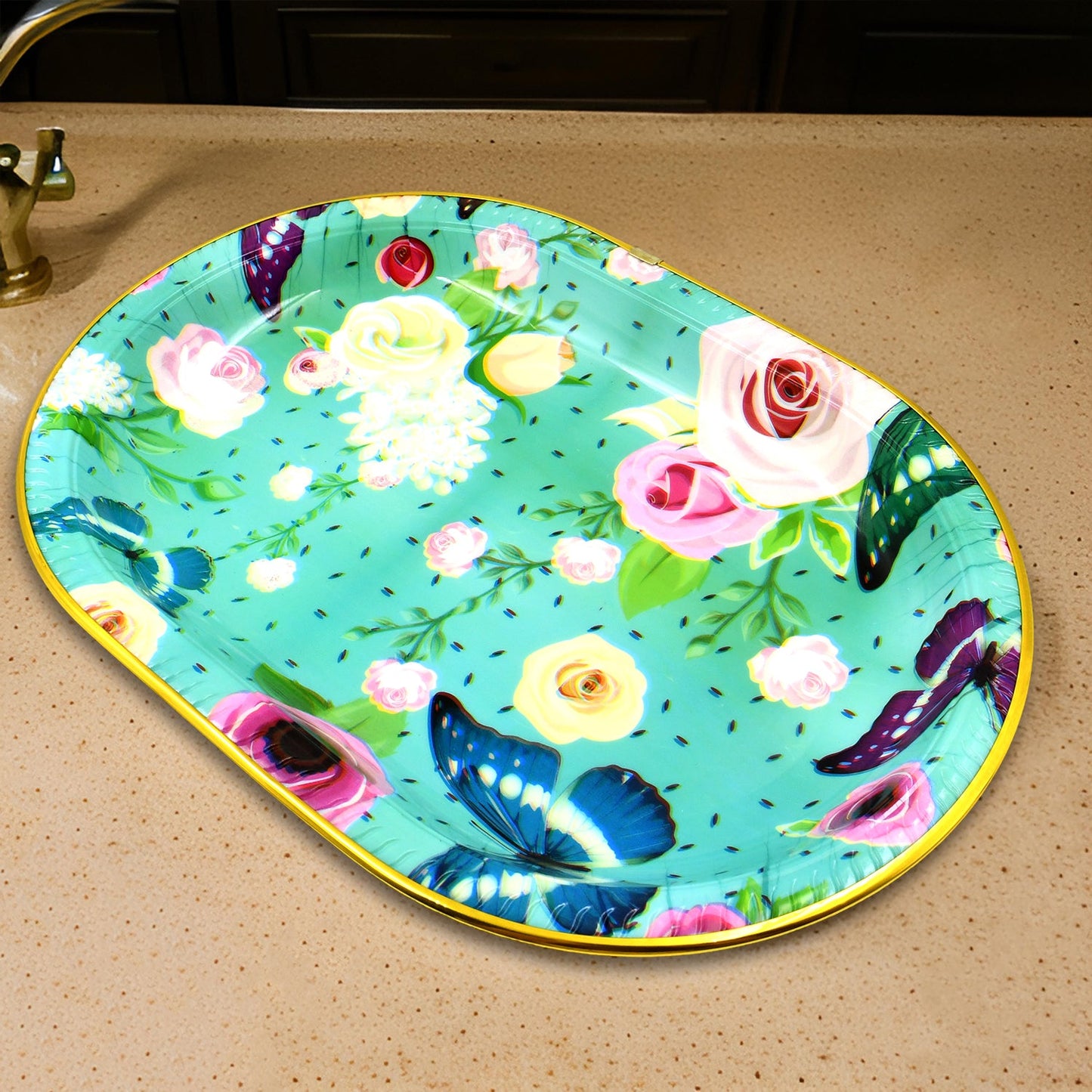 Plastic flower-printed serving tray by Wukusy, 35x24 cm, durable plastic tray for home serving and home improvement.